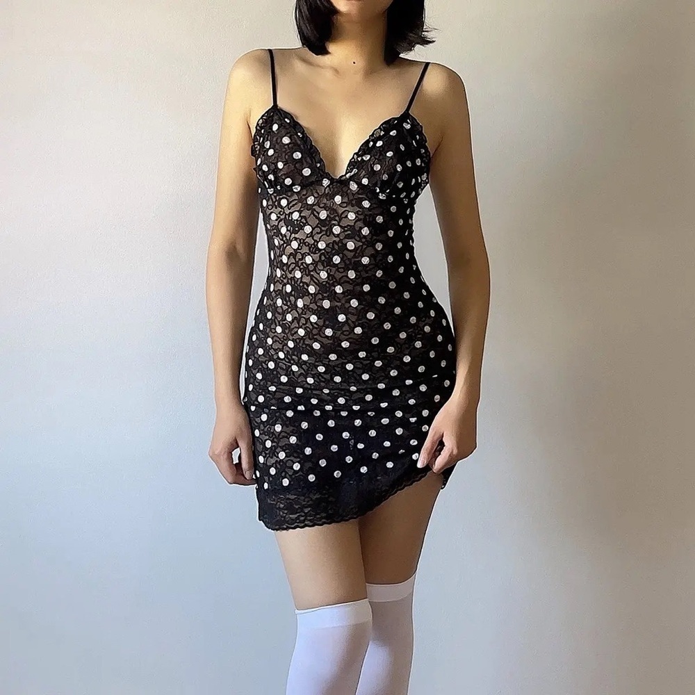 VICTORIA’S SECRET The Lacie Black White Polka Dot Sheer Slip Dress Mini Lace S